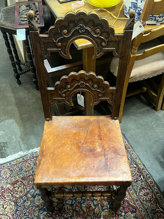 SET OF 6 CARVED OAK CHAIRS WITH LEATHER
