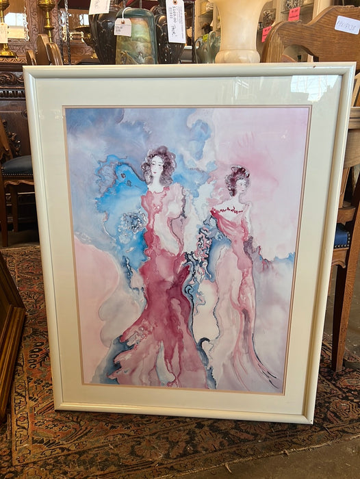 WATERCOLOR OF TWO WOMEN IN GLASS WITH CREAM COLOR FRAME