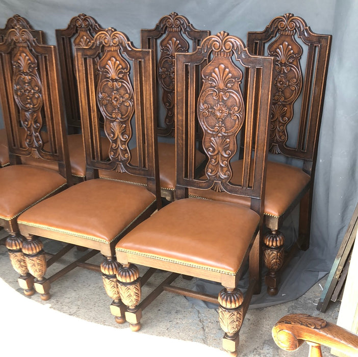 SET OF 8 CARVED TUDOR OAK DINING CHAIRS