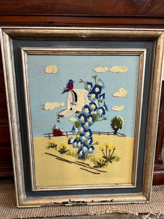 FRAMED NEEDLEPOINT OF MAIL BOX FLOWERS AND BIRD