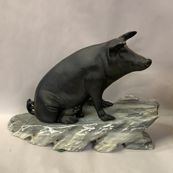 CAST IRON LARGE PIG BANK ON SOAPSTONE BASE