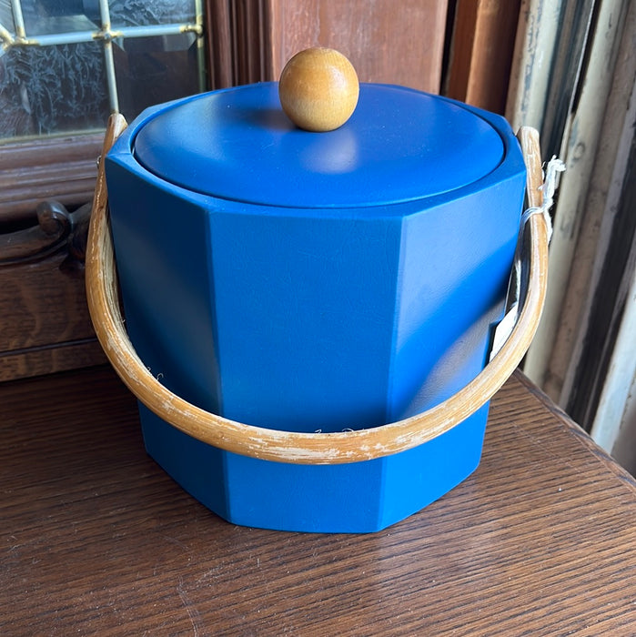 BLUE VINYL ICE BUCKET WITH WOODEN HANDLE
