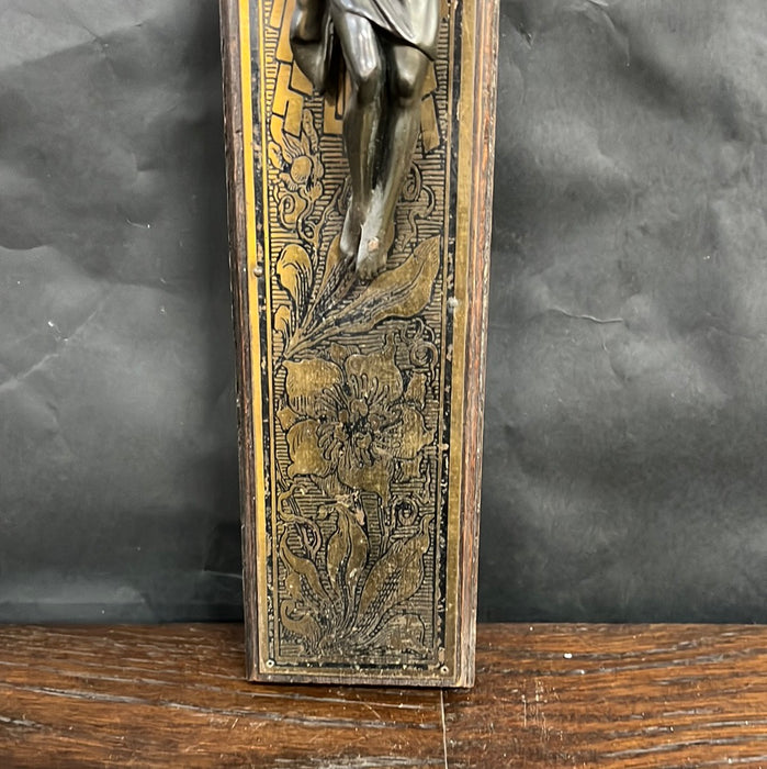 WOOD AND ENGRAVED BRASS WALL CRUCIFIX