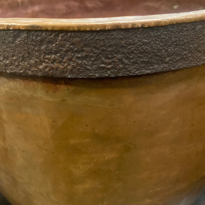 LARGE IRON BANDED AND HANDLE COPPER POT