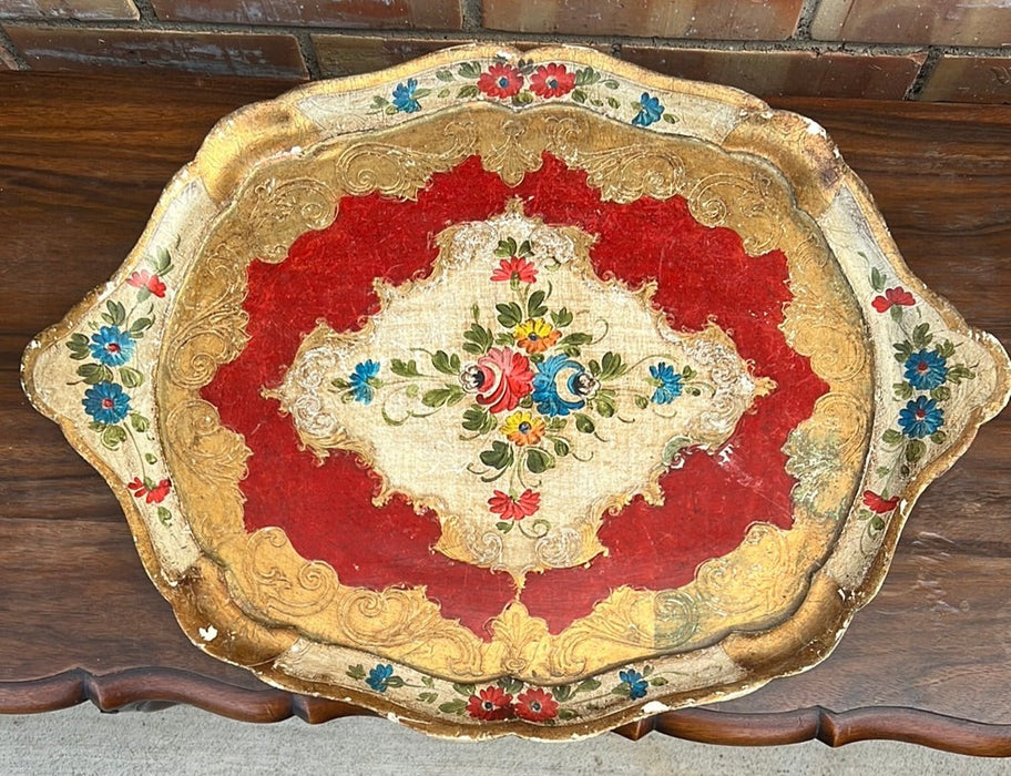 GOLD AND RED FLORENTINE TRAY WITH HANDLES