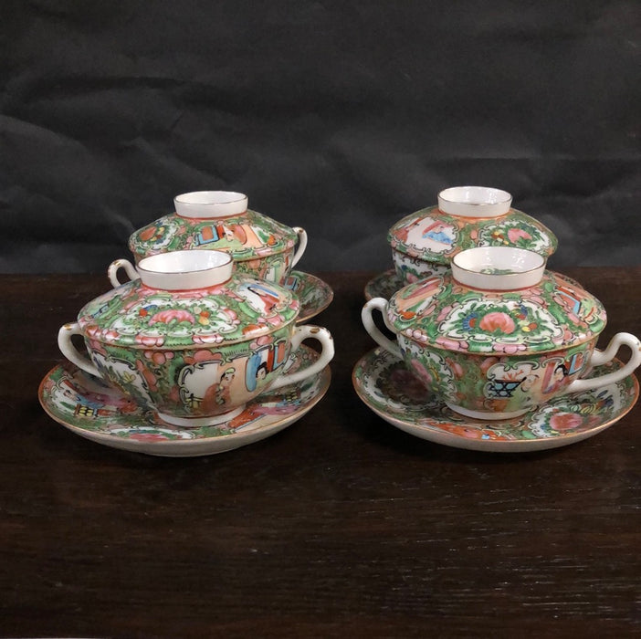 SET OF FOUR ROSE FAMILLE BULLION CUPS WITH LIDS