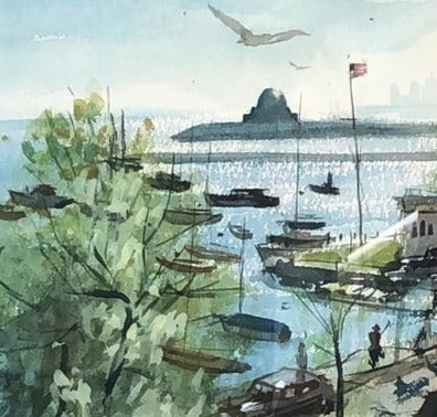 WATERCOLOR PANTING OF THE CHICAGO WATERFRONT SIGNED SCHRIPE