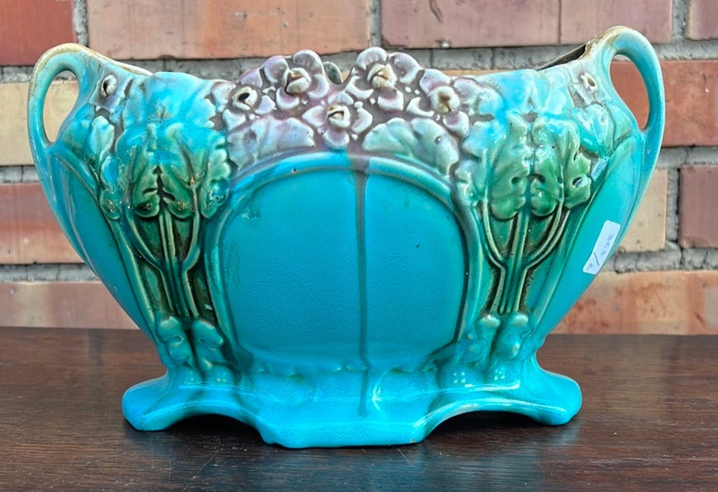 BLUE FLORAL OVOID MAJOLICA VASE