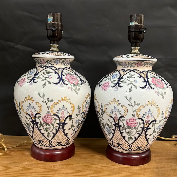 PAIR OF SMALL HAND PAINTED FLORAL ASIAN PORCELAIN LAMPS