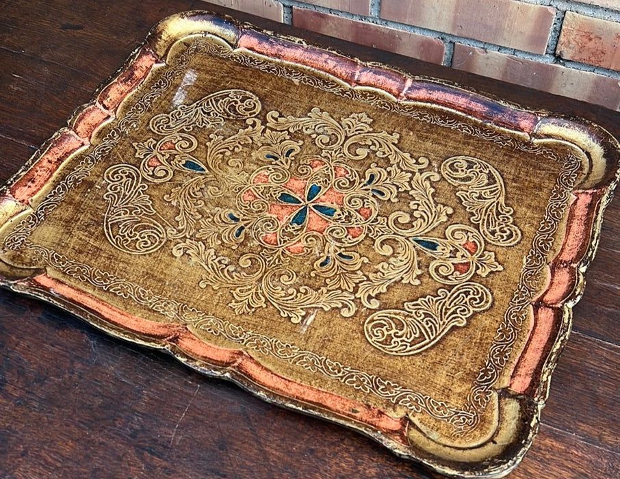 LARGE RECTANGULAR GOLD AND ORANGE FLORENTINE TRAY
