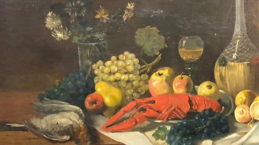 STILL LIFE OIL PAINTING ON CANVAS WITH LOBSTER, FOWL AND FRUIT