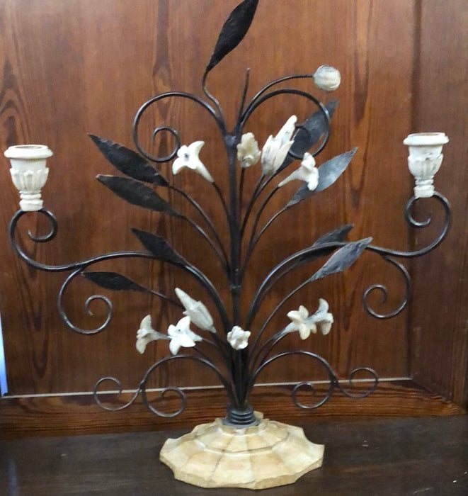 WOOD AND IRON FLOWER MOTIF CANDLE STAND