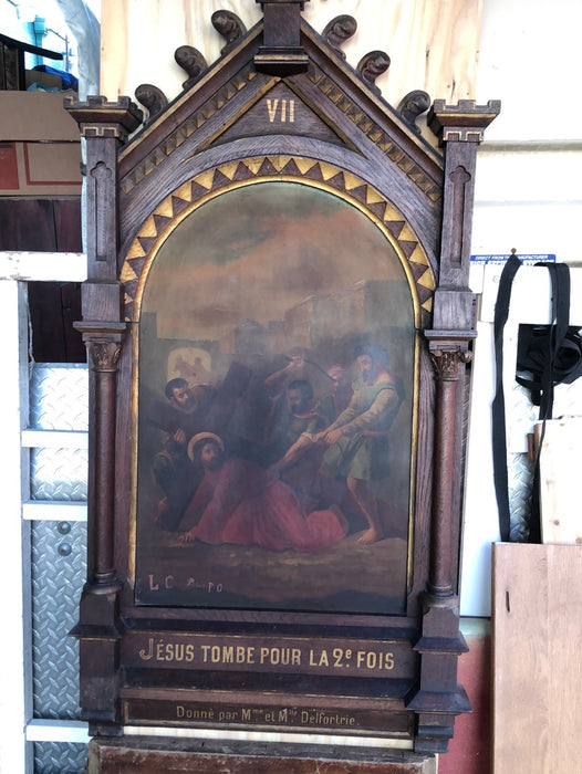 7TH STATION OF THE CROSS-OIL ON METAL IN WOOD FRAME