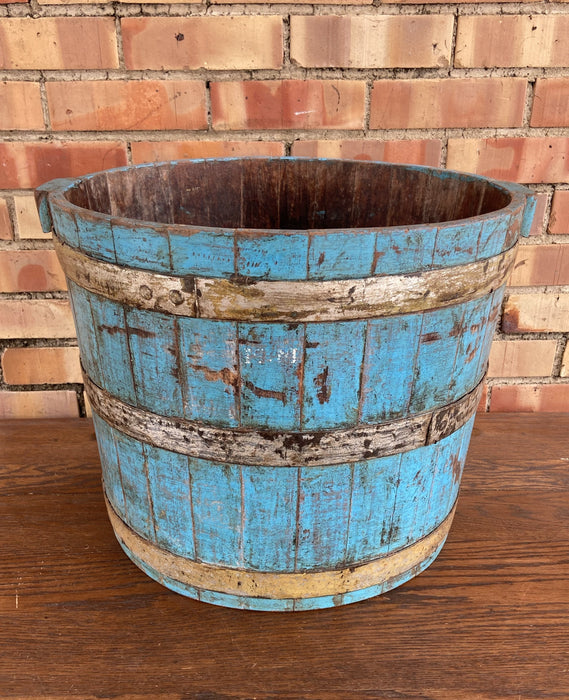 LARGE PRIMITIVE TURQUOISE PAINTED STAVED BUCKET