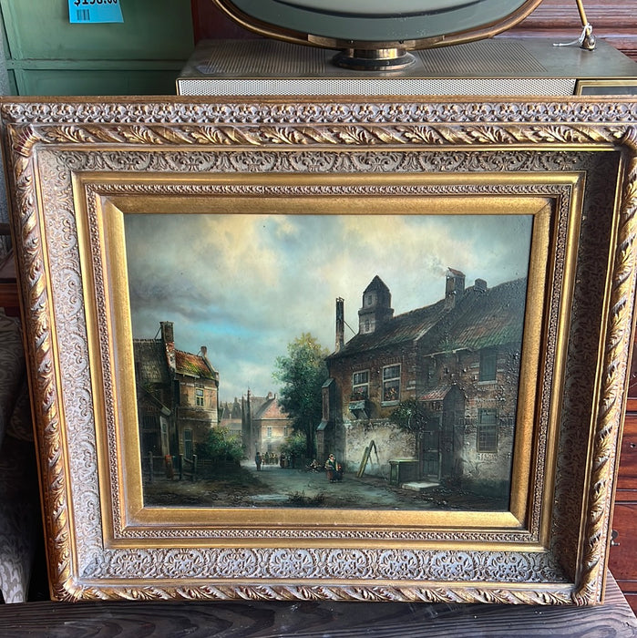 CITYSCAPE OIL PAINTING ON BOARD IN GOLD FRAME - NOT OLD