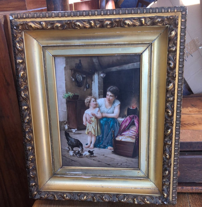 FRAMED SIGNED PAINTING ON PORCELAIN OF WOMAN AND GIRL