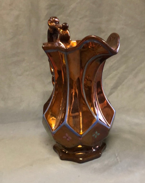 LARGE ORNATE COPPER LUSTER PITCHER WITH BLUE EDGE BANDING