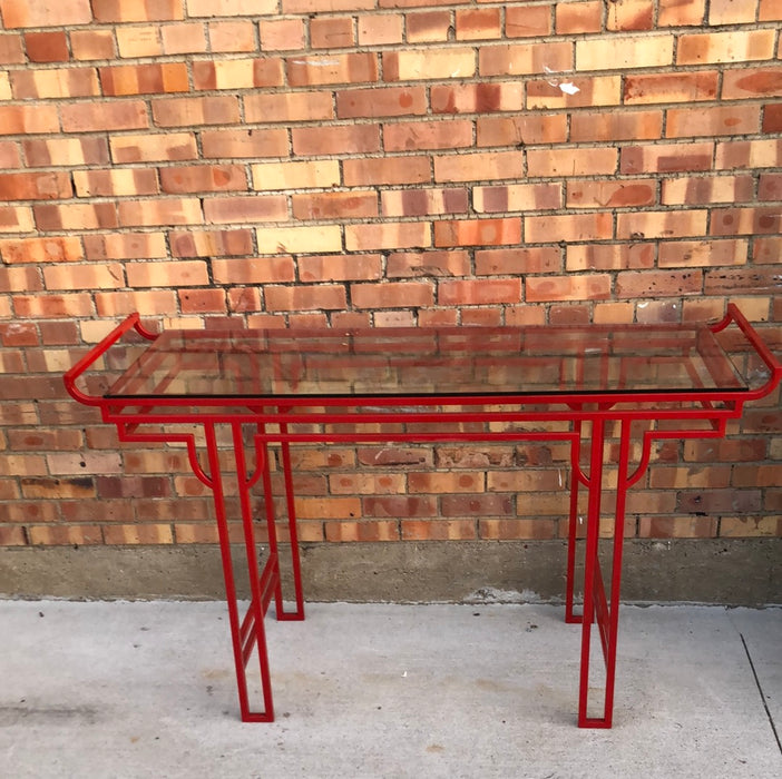 RED METAL ASIAN STYLE CONSOLE WITH GLASS TOP