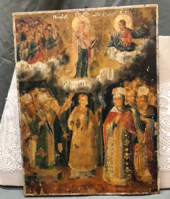 SMALL RELIGIOUS VERTICAL ICON ON PANEL WITH MULTIPLE FIGURES