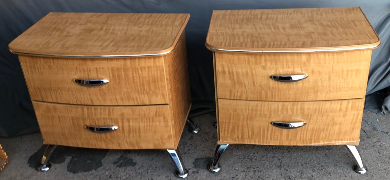 PAIR OF BLONDE LOW CHESTS WITH CHROME HARDWARE