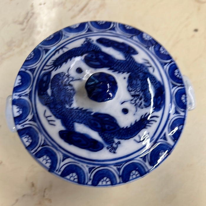 BLUE AND WHITE CHINESE DRAGON SMALL LIDDED BOWL - EACH