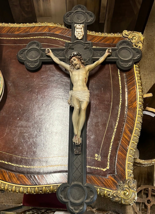 LARGE CARVED EBONIZED WOOD WALL CRUCIFIX WITH CHAULK CORPUS