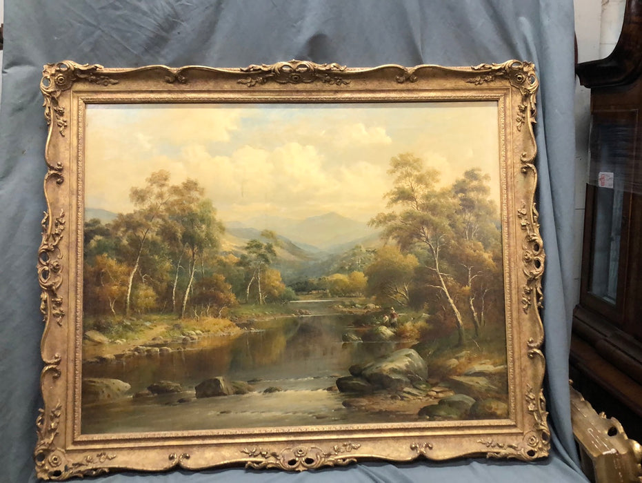 ORNATE FRAMED LANDSCAPE OIL PAINTING OF RIVER AND MOUNTAINS WITH COUPLE FISHING