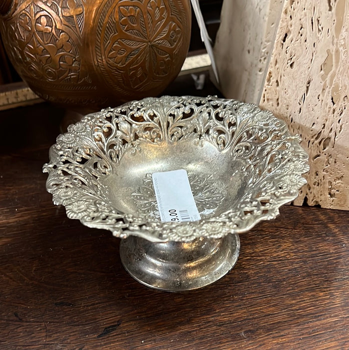 SILVERPLATE COMPOTE WITH FILAGREE EDGE-AS FOUND