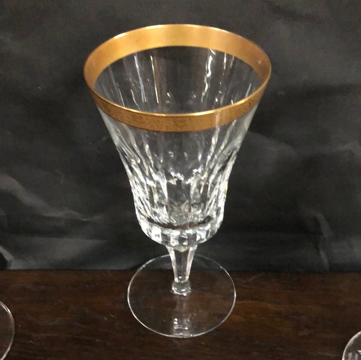 SET OF SIX GOLD RIM STEMMED CRYSTAL WINE GLASSES