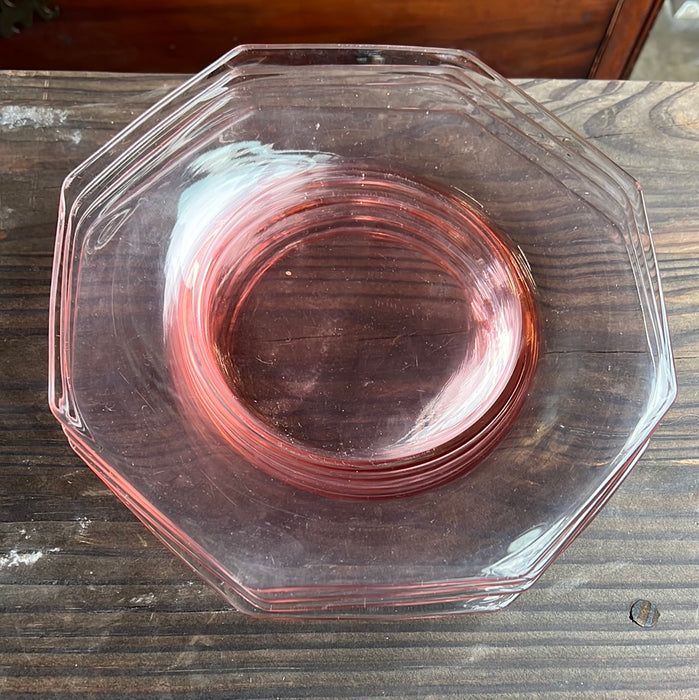 SET OF 4 PINK DEPRESSION GLASS OCTAGONAL PLATES