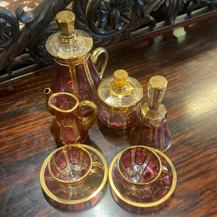 FANCY RUBY AND GILT VINTAGE TEA SET WITH BELL