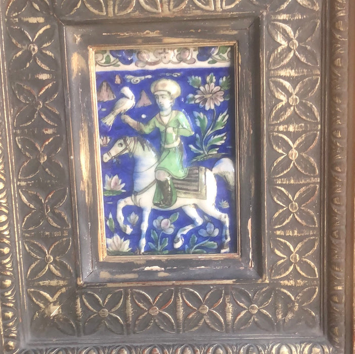 FRAMED COLORFUL PERSIAN TILE OF MAN ON HORSE