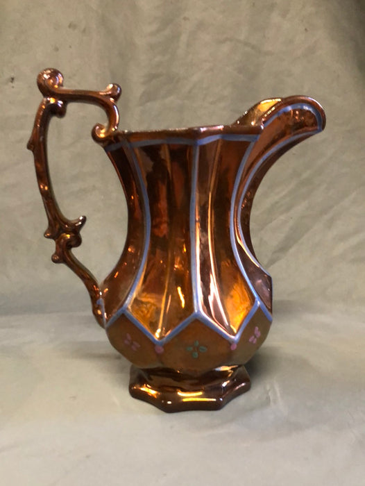 LARGE ORNATE COPPER LUSTER PITCHER WITH BLUE EDGE BANDING