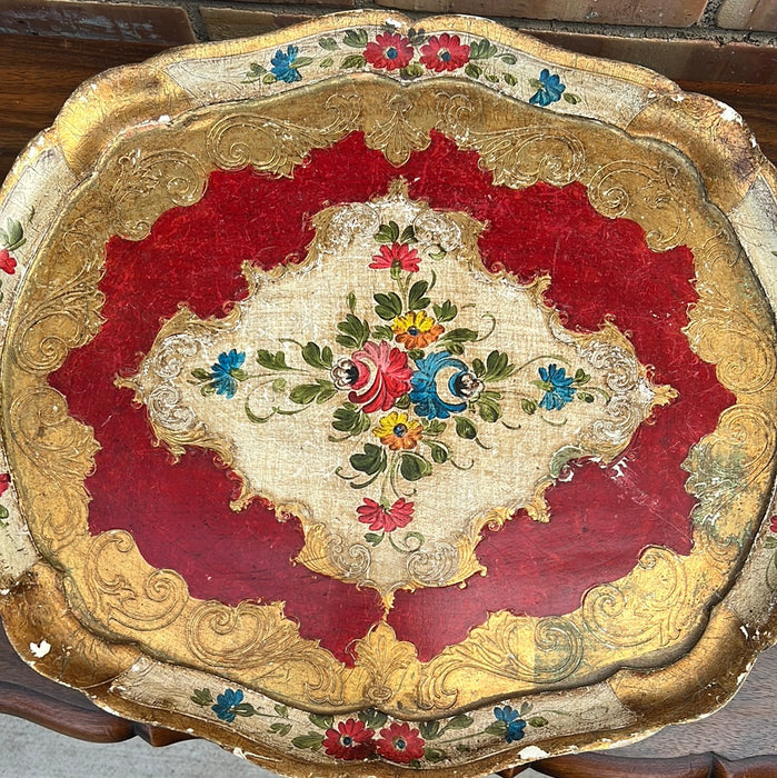 GOLD AND RED FLORENTINE TRAY WITH HANDLES