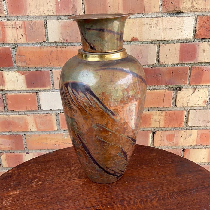 TALL BRASS VASE WITH PATINATED DESIGN