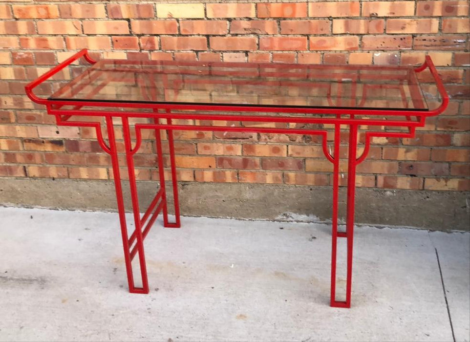 RED METAL ASIAN STYLE CONSOLE WITH GLASS TOP