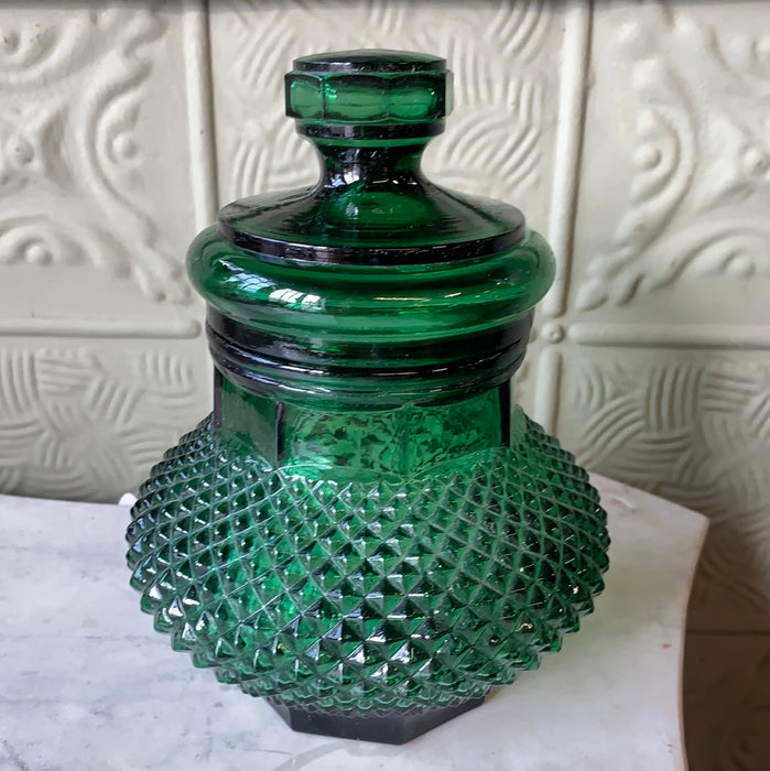 GREEN PATTERN GLASS JAR WITH LID