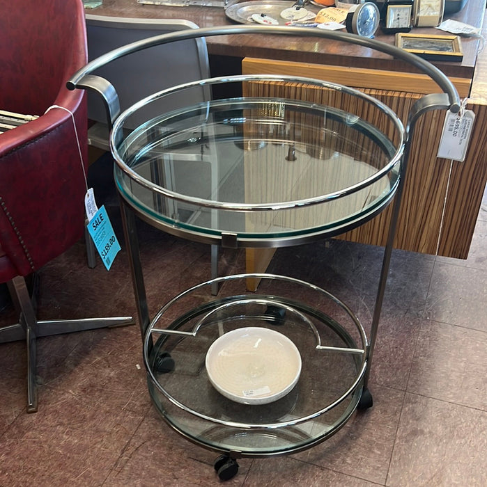 CHROME AND GLASS ROUND BAR CART