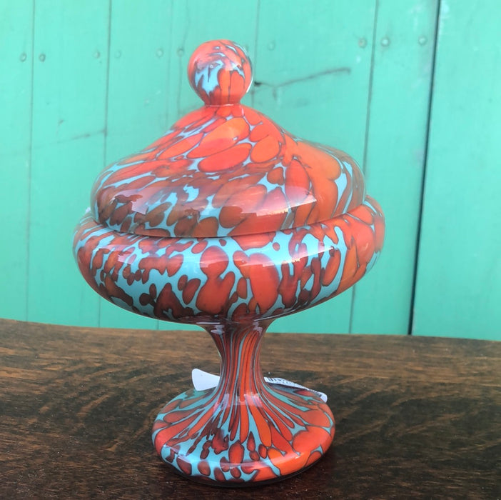 ART GLASS ORANGE AND TURQUOISE LIDDED COMPOTE