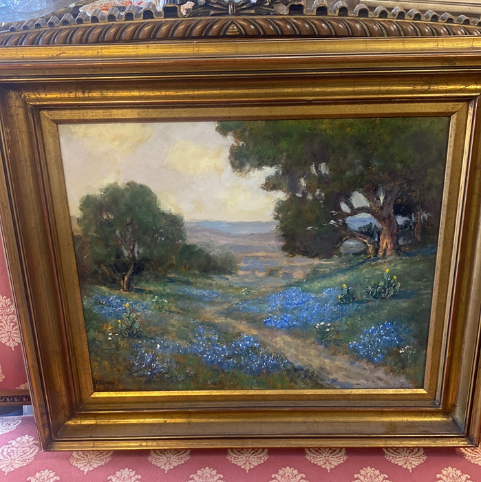 JERRY MALZAHN LANDSCAPE OIL PAINTING WITH BLUEBONNETS NEAR A ROAD