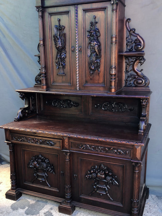 LARGE BLACK FOREST CARVED OAK SERVER WITH GAME AND FRUIT MOTIFS - OPEN SHELVES