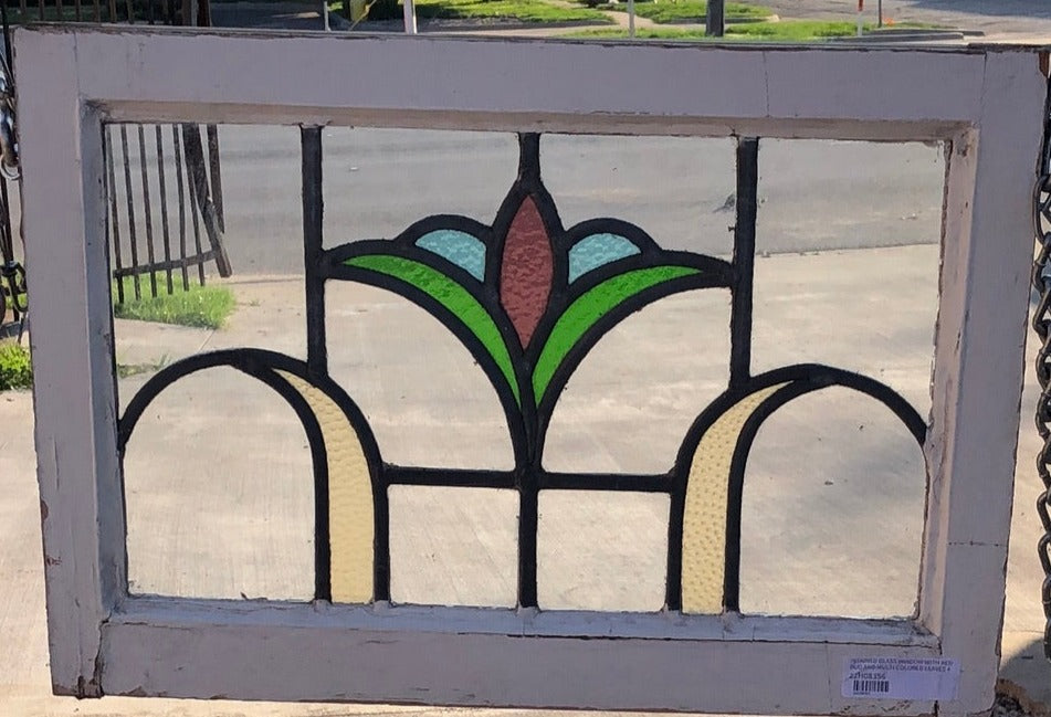 STAINED GLASS WINDOW WITH RED BUD AND MULTI COLORED LEAVES