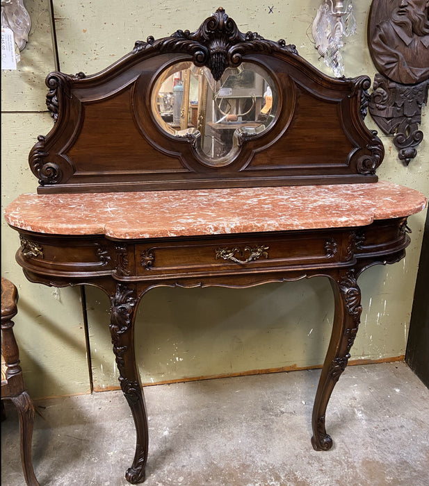 MARBLE TOP CURVED END WALNUT CONSOLE- NO MIRROR