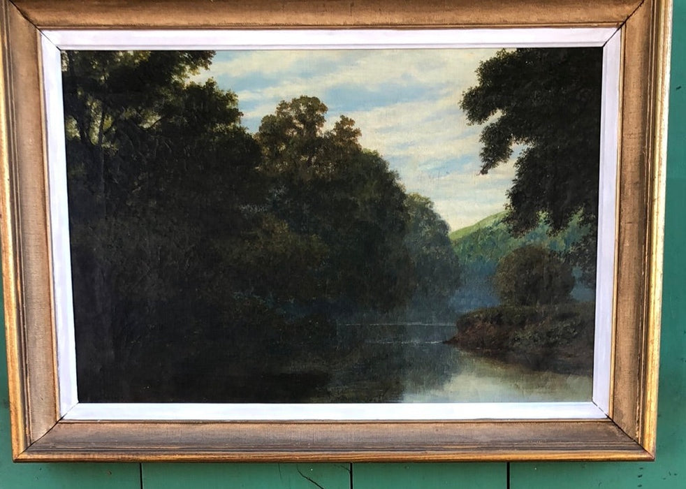 GOLD FRAMED 19TH CENTURY RIVER LANDSCAPE OIL PAINTNG ON CANVAS