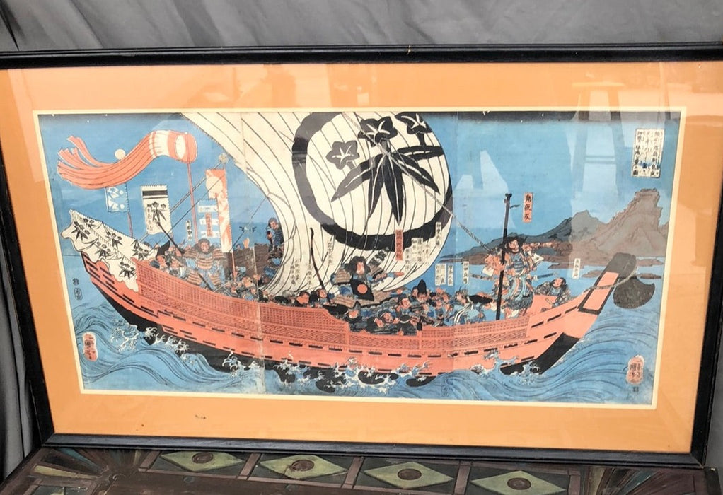 EARLY JAPANESE WAR SHIP PAINTING-SIGNED UTAGAW HIROSIGE