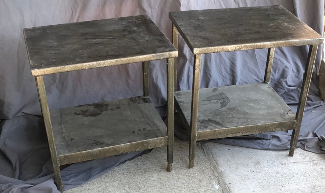 PAIR OF INDUSTRIAL STEEL SIDE TABLES