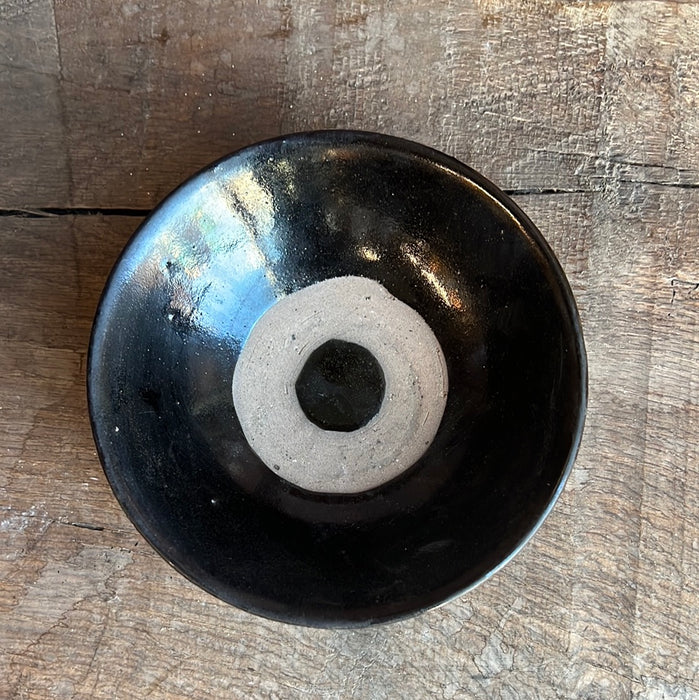 BLACK GLAZED POTTERY BOWL WITH RING/EYE DESIGN - EACH