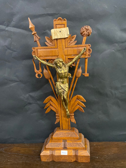 CARVED WOOD CRUCIFIX WITH BRASS CORPUS