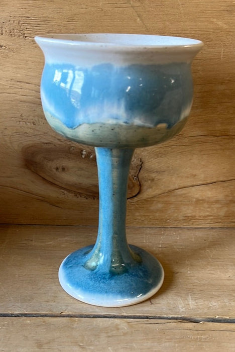 BLUE AND WHITE GLAZED STUDIO POTTERY WINE GOBLET - EACH