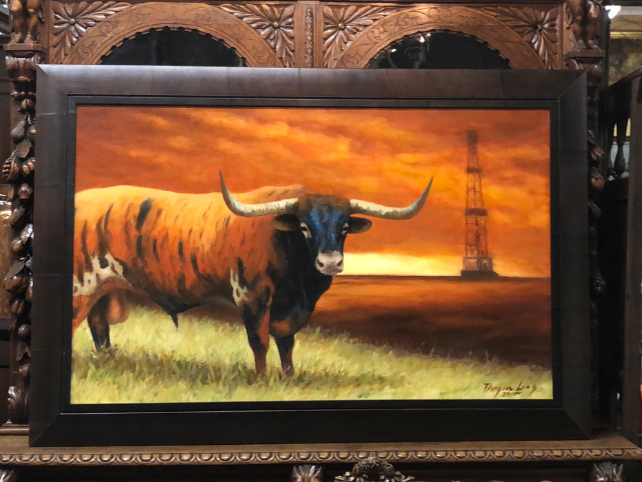 DARGAN LONG LONGHORN COW PAINTING WITH OIL DERRICK